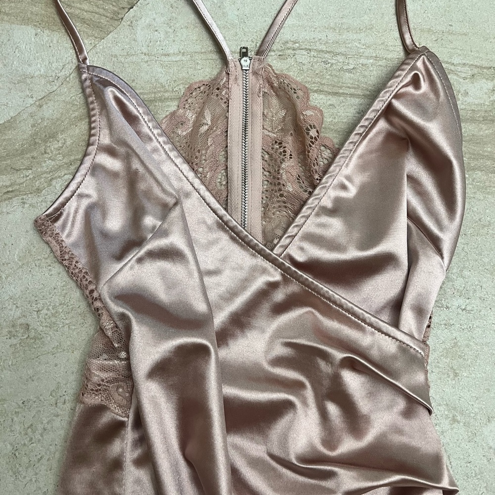 Fashion Nova Satin Lace Slip Dress in Blush